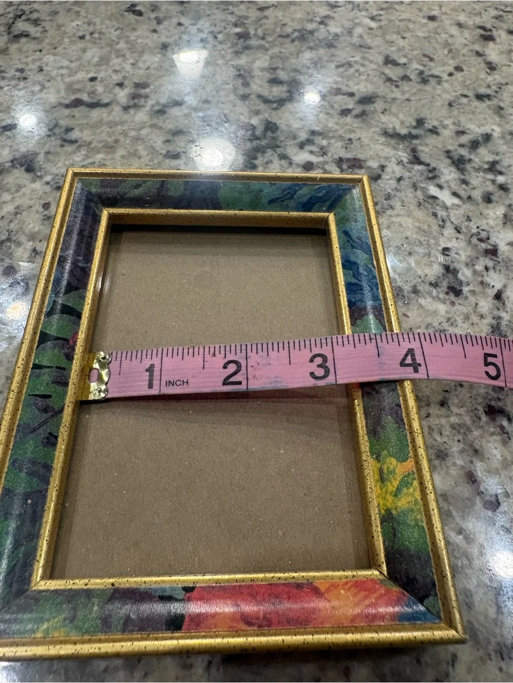 Gold picture frame with fun print trim GUC 5 x 7